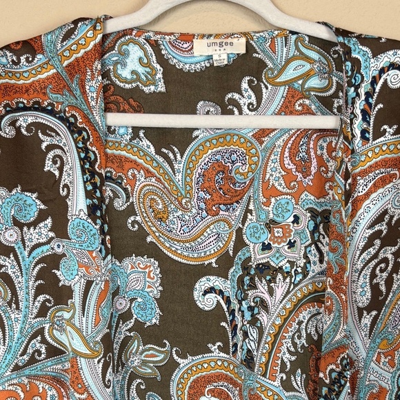 Umgee Multicolor Paisley Brown/Orange/Blue Boho Kimono Wide Ruffle Sleeves - Picture 2 of 9
